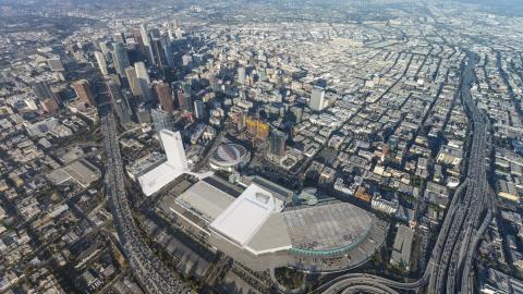 Aerial view of the expanded Convention Center and Downtown Los Angeles