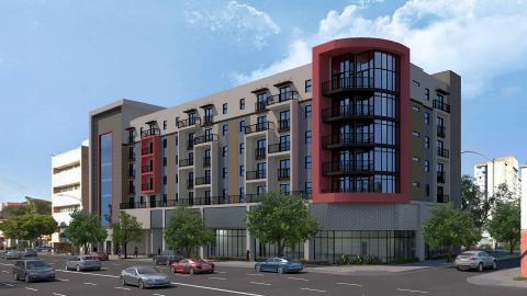 Rendering of mixed-use project at 550 S Union Avenue, looking northwest from 6th Street